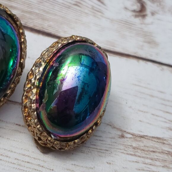 Vintage Clip On Earrings - Multi Colored Oval - Some Scuffs - Picture 3 of 8